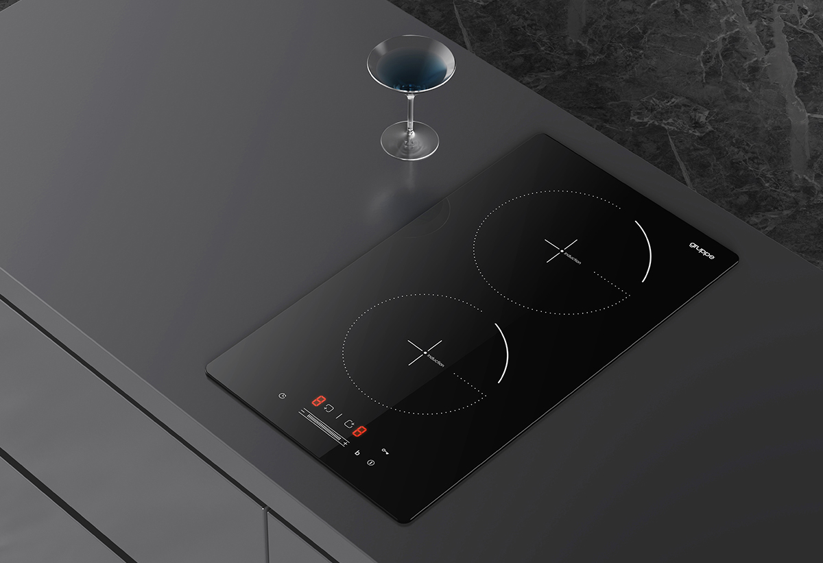 Παρουσιάζει την εστία τοποθετημένη σε έναν πάγκο